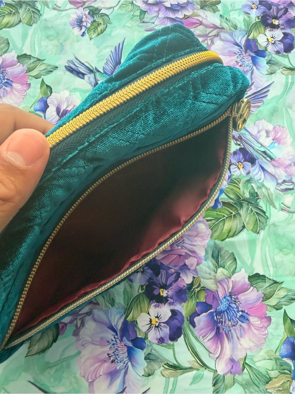 Quilted Velvet Teal Makeup Bag with Tassel - Picture 7 of 8